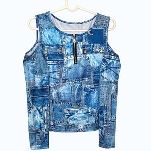 Women Denim Print Cold Shoulder Top Zip Front Patchwork Blue